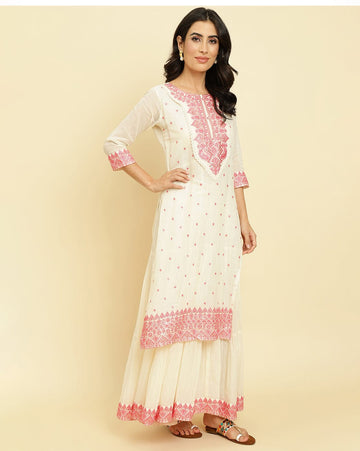 Varanga Women cream & pink embroidered kurta attached with skirt